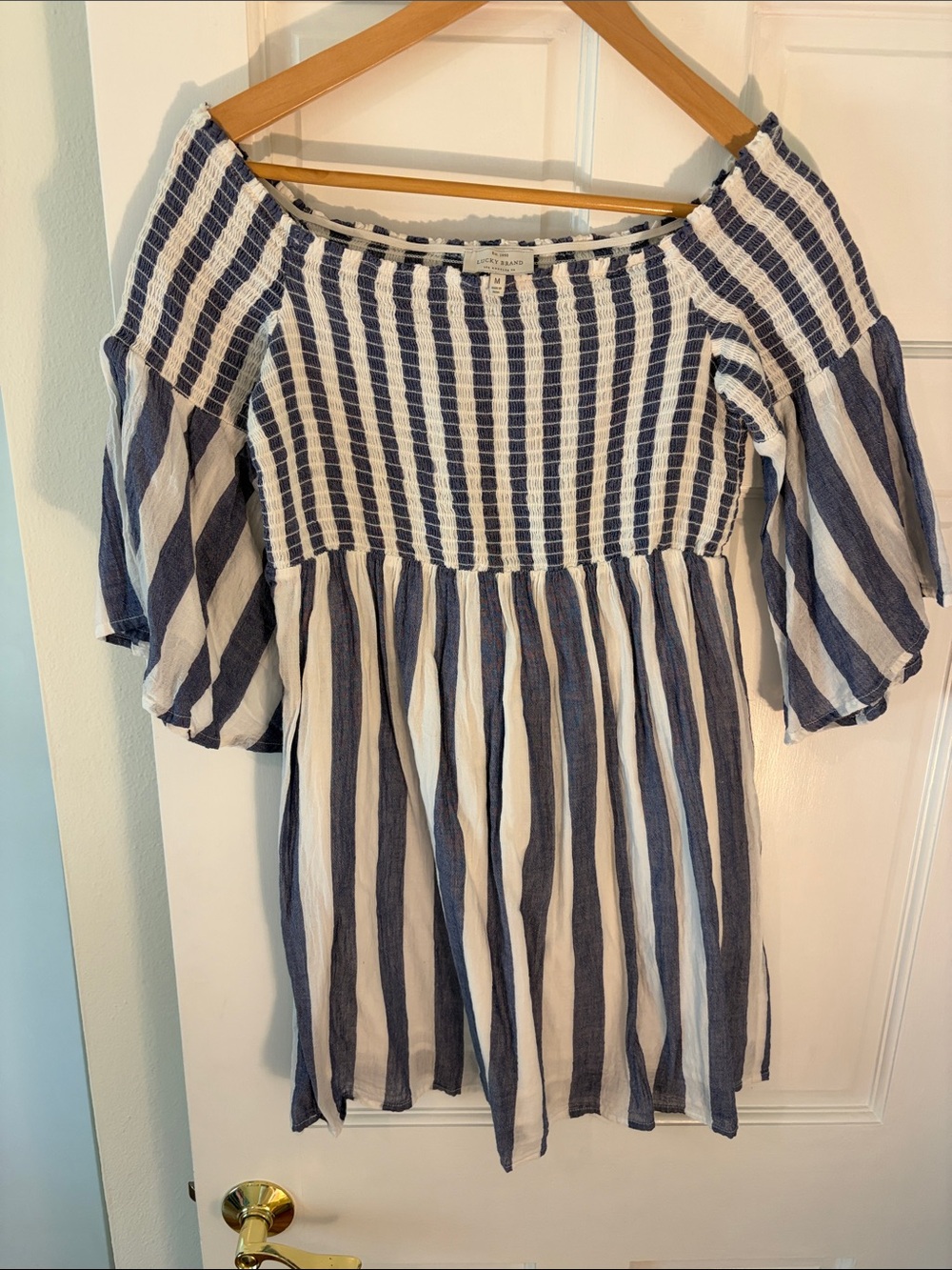 Lucky Brand Blue and White Striped Off-Shoulder Dress